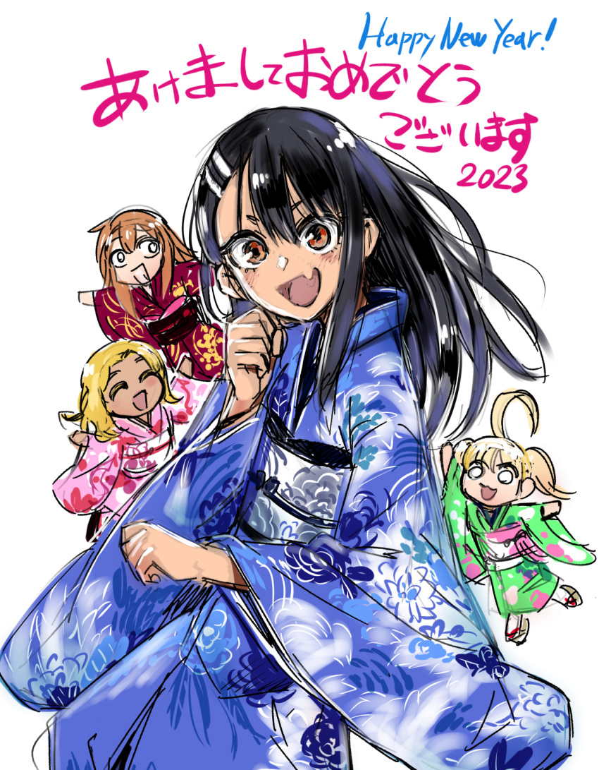 2023 4girls 774_(nanashi) ^_^ ahoge black_hair blonde_hair blue_kimono brown_eyes brown_hair chibi chibi_inset closed_eyes commentary_request dark-skinned_female dark_skin earclip fang floral_print gamou_maki green_kimono hair_ornament hairclip happy_new_year highres huge_ahoge ijiranaide_nagatoro-san japanese_clothes kimono long_hair multiple_girls nagatoro_hayase new_year obi oekaki official_art pink_kimono red_kimono sakura_(nagatoro) sash short_twintails skin_fang solo_focus translation_request twintails wide_sleeves yoshi_(nagatoro)