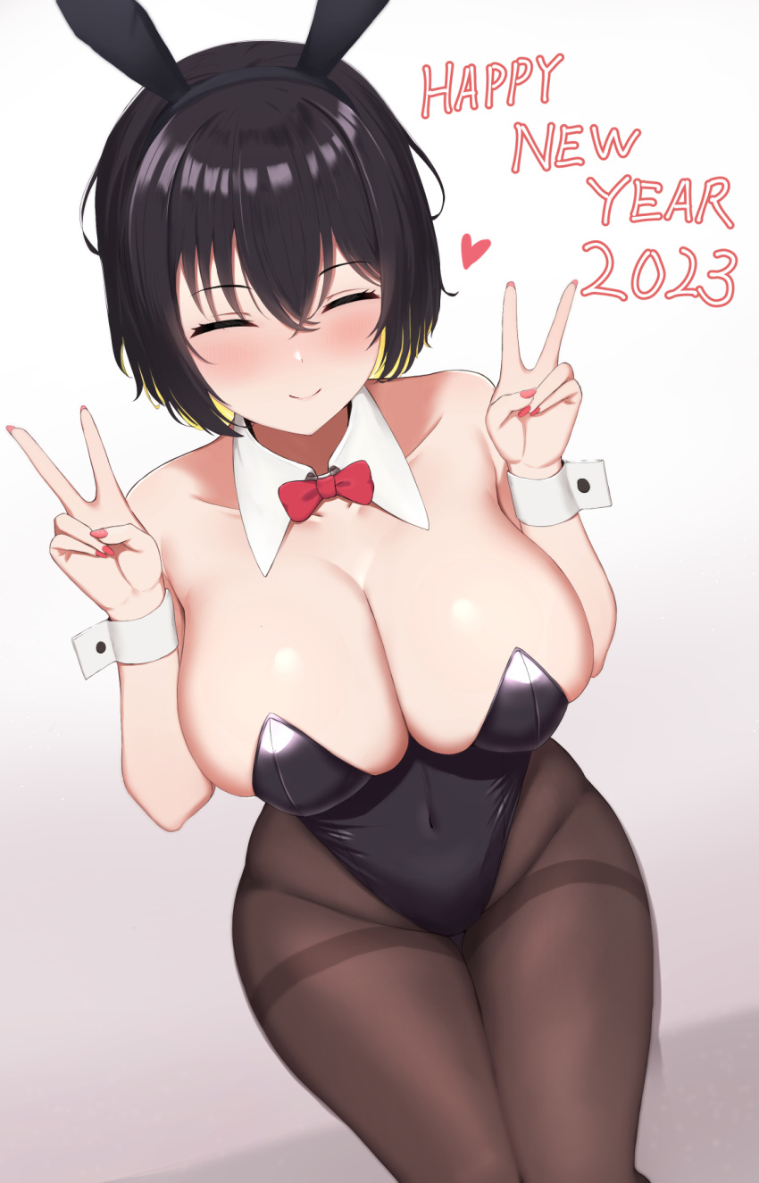 1girl 2023 animal_ears bare_shoulders black_hairband black_leotard blonde_hair bow bowtie breasts brown_thighhighs chinese_zodiac cleavage closed_eyes closed_mouth collarbone covered_navel detached_collar double_v fake_animal_ears hairband hands_up happy_new_year heart highres large_breasts leotard multicolored_hair original pantyhose playboy_bunny rabbit_ears red_bow red_bowtie red_nails shidaidaka short_hair simple_background sitting sleeves_past_wrists smile solo thighband_pantyhose thighhighs two-tone_hair v white_background year_of_the_rabbit