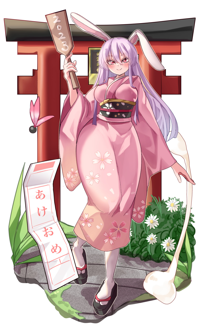 1girl 2023 absurdres alternate_costume animal_ears black_footwear breasts chinese_zodiac closed_mouth commentary_request floral_print flower food full_body hagoita hane_(hanetsuki) hanetsuki highres japanese_clothes kimono long_hair looking_at_viewer maboroshi_mochi mochi new_year omikuji outdoors paddle partial_commentary pink_kimono purple_hair rabbit_ears rabbit_girl red_eyes reisen_udongein_inaba sandals smile solo standing torii touhou white_flower year_of_the_rabbit