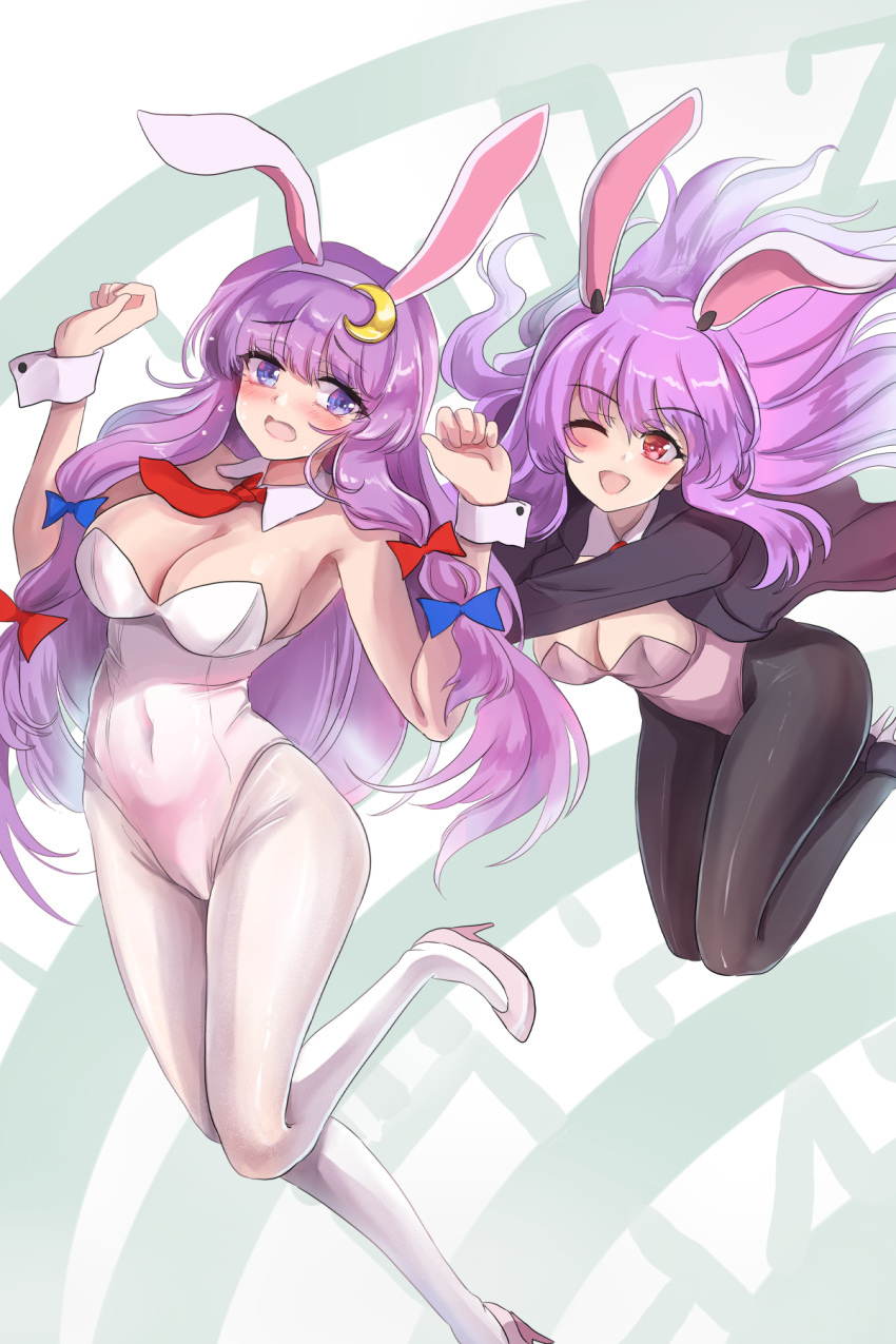 2girls animal_ears bangs black_jacket blazer blue_bow blunt_bangs bow bowtie breasts chinese_zodiac cleavage commentary crescent crescent_hair_ornament detached_collar fake_animal_ears fake_tail hair_bow hair_ornament high_heels highres jacket large_breasts leotard light_purple_hair long_hair looking_at_another multiple_girls namiki_(remiter00) open_mouth pantyhose patchouli_knowledge playboy_bunny purple_eyes purple_hair pushing pushing_away rabbit_ears rabbit_girl rabbit_tail red_bow red_eyes reisen_udongein_inaba shoes strapless strapless_leotard tail touhou traditional_bowtie very_long_hair white_footwear white_pantyhose wrist_cuffs year_of_the_rabbit