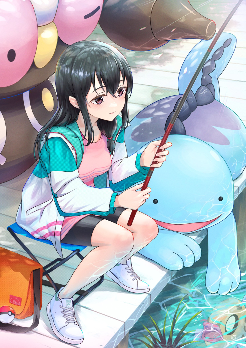 1girl air_bubble aqua_jacket bag bag_charm bangs bike_shorts black_hair black_shorts blush bubble caustics charm_(object) claydol closed_mouth commentary_request commission crossover eyelashes feebas fish fishing fishing_rod fujiwara_hajime full_body grass hair_between_eyes highres holding holding_fishing_rod idolmaster idolmaster_cinderella_girls jacket light_rays long_hair long_sleeves making-of_available multicolored_clothes multicolored_jacket nabe_puyo open_clothes open_jacket orange_bag pink_shirt plant poke_ball poke_ball_(basic) pokemon pokemon_(creature) purple_eyes quagsire shirt shoes shorts shoulder_bag sidelocks sitting skeb_commission smile sneakers water white_footwear white_jacket