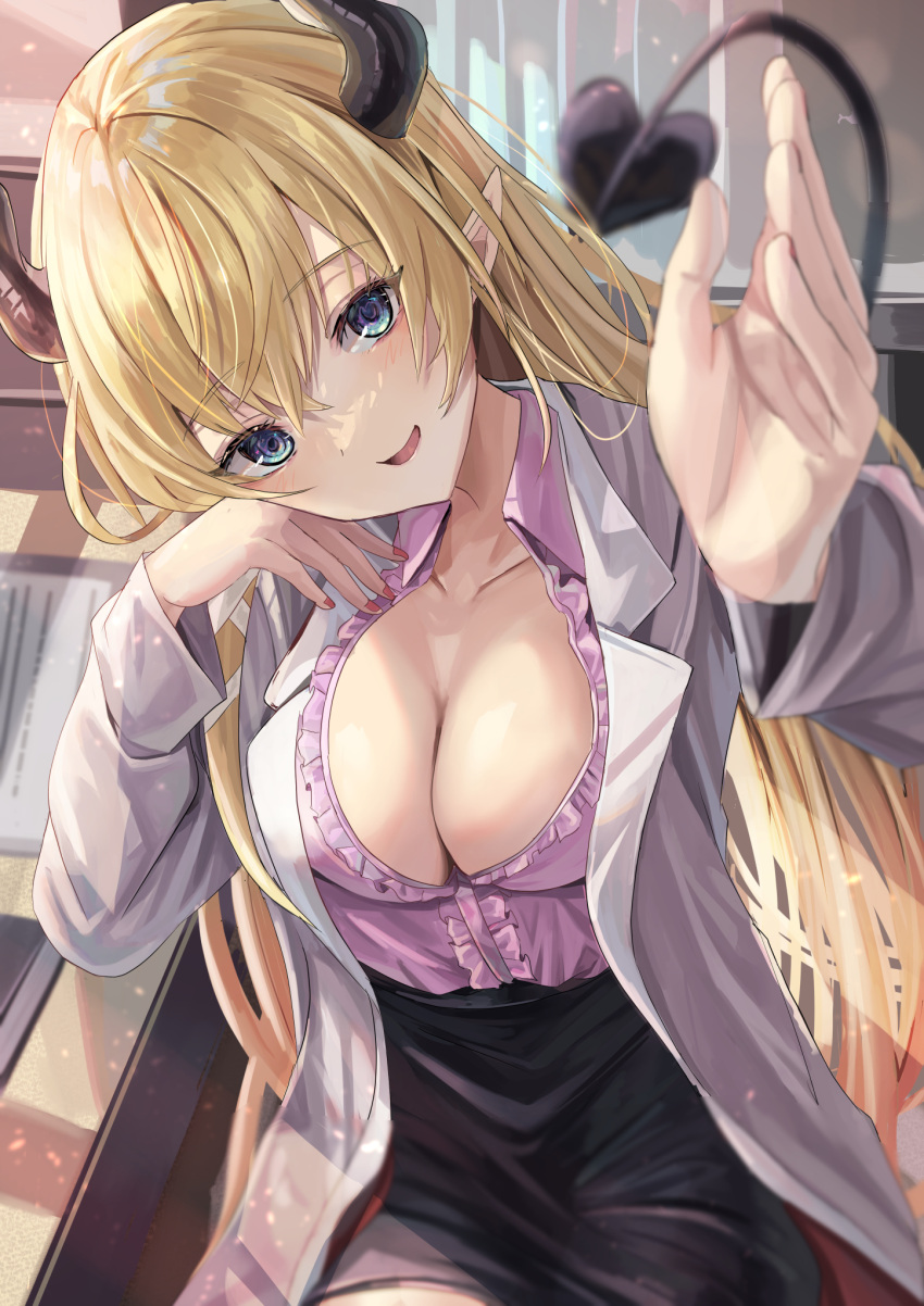 1girl black_skirt blonde_hair blue_eyes blurry breasts center_frills cleavage collarbone demon_tail depth_of_field elbow_rest frills hair_between_eyes high-waist_skirt highres hololive horns indoors labcoat large_breasts long_hair looking_at_viewer open_mouth partially_unbuttoned pink_shirt pointy_ears reaching_towards_viewer red_nails shigiroid shirt sitting skirt smile tail very_long_hair virtual_youtuber yuzuki_choco