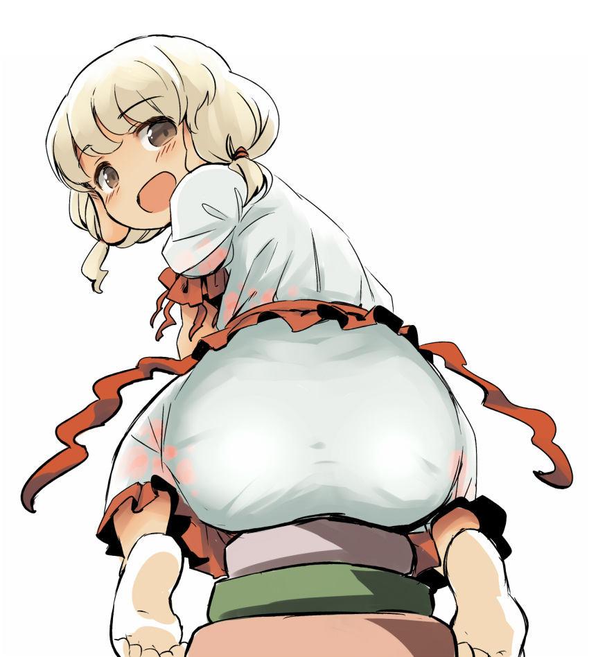 1girl ass barefoot blonde_hair blush brown_eyes commentary_request dress ebisu_eika feet frills from_behind hair_tie highres looking_back open_mouth ribbon rock rock_balancing short_hair simple_background sitting sketch soles solo touhou white_background white_dress yudepii
