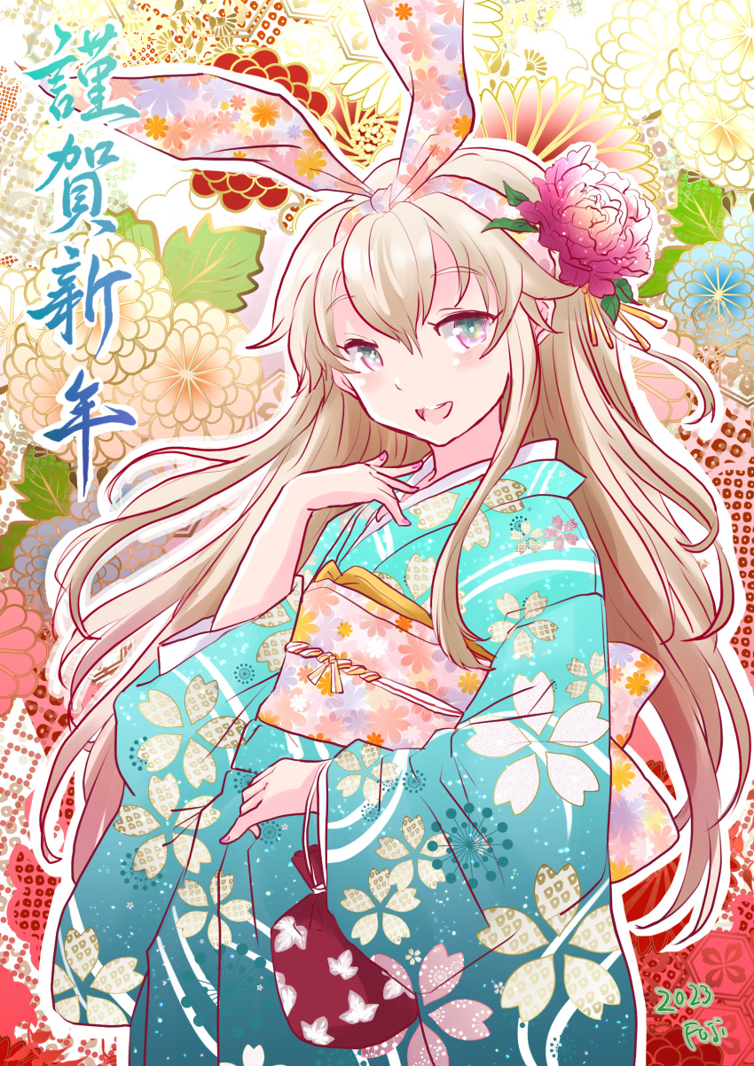 1girl alternate_costume blonde_hair blue_kimono commentary_request floral_print fuji_(pixiv24804665) gradient_kimono grey_eyes hairband highres japanese_clothes kantai_collection kimono long_hair looking_at_viewer new_year open_mouth pink_hairband round_teeth shimakaze_(kancolle) smile solo teeth upper_teeth_only