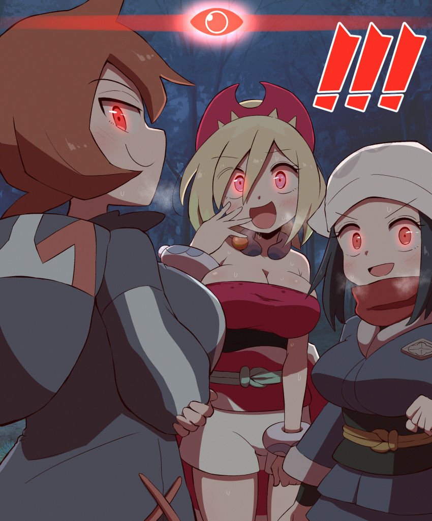 3girls absurdres akari_(pokemon) alpha_pokemon alternate_breast_size arezu_(pokemon) arm_at_side bangs bare_shoulders black_hair blonde_hair blue_background blush bracelet breasts breath brown_hair cleavage clenched_hand closed_mouth commentary_request cowboy_shot dress forest from_behind gameplay_mechanics glowing glowing_eyes grey_dress hairband hand_to_own_mouth hand_up happy head_scarf heavy_breathing highres hood hood_down hooded_dress irida_(pokemon) jewelry kurachi_mizuki large_breasts long_sleeves looking_at_viewer looking_back medium_hair multiple_girls nature neck_ring night obi ojou-sama_pose open_mouth orange_gemstone outdoors pokemon pokemon_(game) pokemon_legends:_arceus red_eyes red_hairband red_scarf red_shirt sash scarf shirt short_hair short_shorts shorts sidelocks sideways_mouth sleeveless sleeveless_shirt smile standing strapless sweat thighs tree tube_top upper_body v-shaped_eyebrows white_headwear white_shorts wide-eyed you_gonna_get_raped