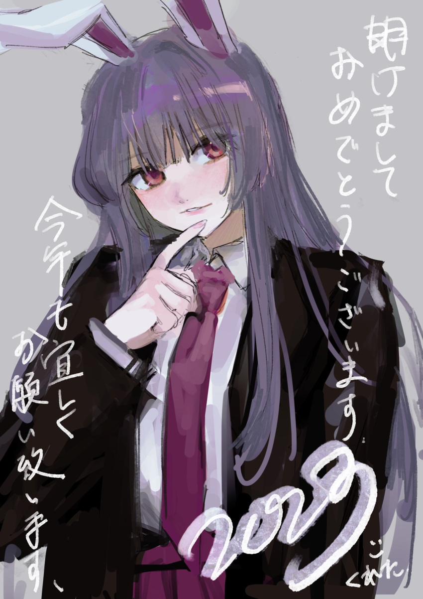 1girl 2023 animal_ears bangs blunt_bangs blush eyes_visible_through_hair gotagotay grey_background hand_up highres jacket light_smile long_hair looking_to_the_side necktie nostrils parted_lips rabbit_ears reisen_udongein_inaba shirt solo teeth touhou translation_request upper_body very_long_hair