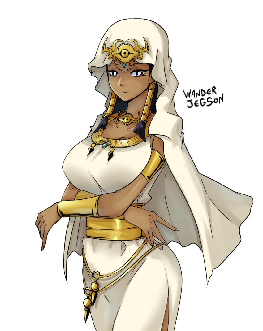 1girl armlet artist_name black_hair bright_pupils dark-skinned_female dark_skin egyptian egyptian_clothes eye_of_horus forehead_jewel hair_tubes highres hood hood_up ishizu_ishtar long_hair millennium_necklace purple_eyes simple_background solo wanderjegson white_background white_pupils yu-gi-oh! yu-gi-oh!_duel_monsters