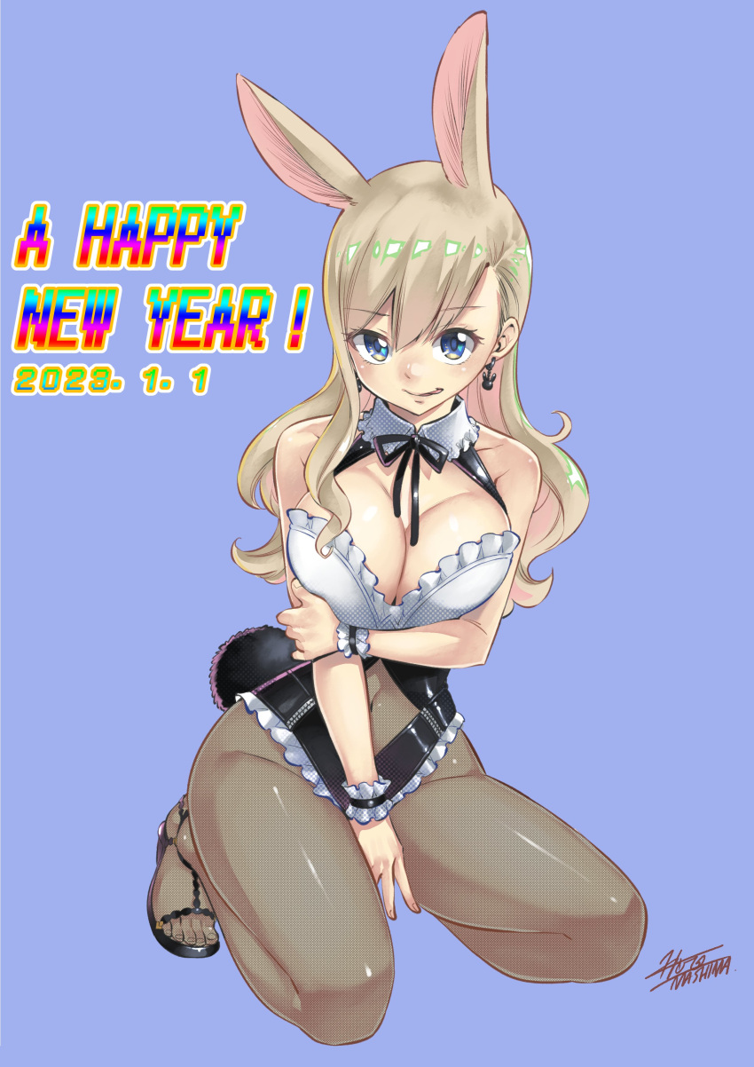 absurdres animal_ears arm_under_breasts black_leotard blonde_hair blue_eyes bow bowtie breast_press breasts chinese_zodiac cleavage collar colored_skin eden's_zero happy_new_year high_heels highleg highleg_leotard highres large_breasts leotard mashima_hiro navel pantyhose playboy_bunny rabbit_ears rabbit_tail rebecca_bluegarden seductive_smile smile tail thick_thighs thighs tongue tongue_out white_skin wide_hips wrist_cuffs year_of_the_rabbit