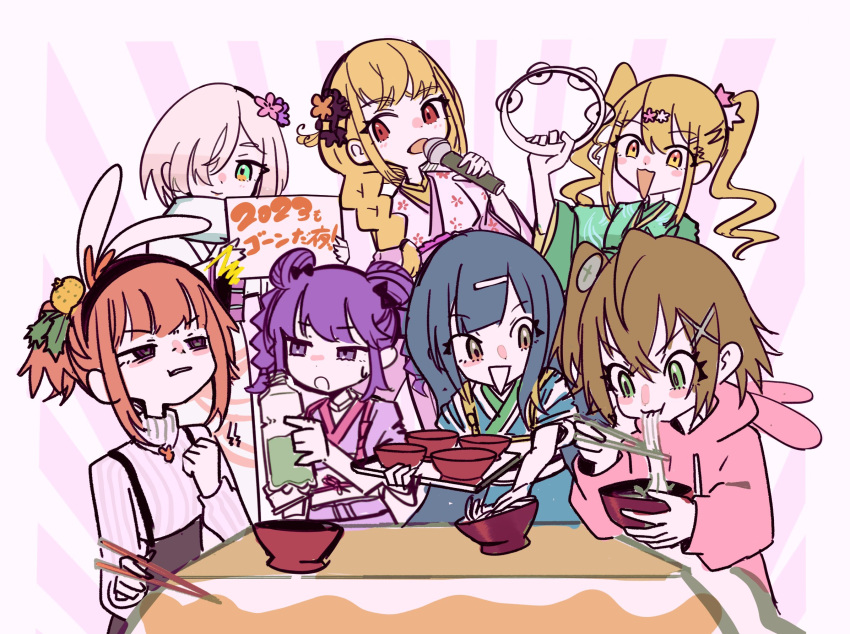 6+girls animal_ears bangs blonde_hair blush bottle bowl brown_eyes brown_hair chopsticks denonbu eating fake_animal_ears flower food green_eyes hair_flower hair_ornament hairclip hidaka_reina_(denonbu) highres holding holding_chopsticks holding_microphone holding_tray hood hoodie inubousaki_shian japanese_clothes kayano_futaba kimono long_hair long_sleeves looking_at_another looking_at_viewer microphone minakami_hina multiple_girls new_year noodles open_mouth pink_hair pink_hoodie purple_eyes purple_hair rabbit_ears ramen sakurano_mimito shinonome_kazune shirokane_aki short_hair smile tray tsuzutsu twintails