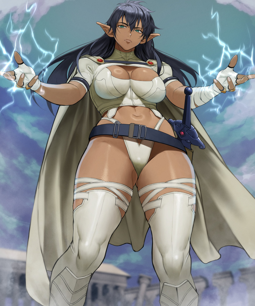 1girl absurdres arshes_nei bangs bastard!! belt bikini black_belt black_hair breasts cape dark_skin electricity fingerless_gloves from_below gloves green_eyes hair_between_eyes hand_wraps highres large_breasts long_hair shiny shiny_clothes shiny_skin solo storm swimsuit sword thick_thighs thigh_strap thighhighs thighs toned weapon white_bikini white_cape white_gloves white_thighhighs yoshio_(55level)