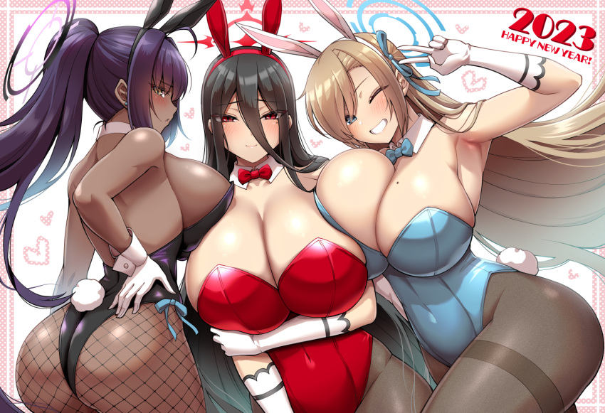 2023 3girls alternate_costume animal_ears ass asuna_(blue_archive) asuna_(bunny)_(blue_archive) back bangs bare_shoulders black_hair black_leotard blue_archive blue_eyes blue_leotard blue_ribbon blush breasts brown_pantyhose chinese_zodiac cleavage dark-skinned_female dark_skin detached_collar elbow_gloves fake_animal_ears fishnet_pantyhose fishnets gloves grin hair_between_eyes hair_over_one_eye hair_ribbon halo happy_new_year hasumi_(blue_archive) highleg highleg_leotard huge_breasts kanno_takanori karin_(blue_archive) karin_(bunny)_(blue_archive) leotard light_brown_hair long_hair looking_at_viewer looking_back mole mole_on_breast mole_under_eye multiple_girls official_alternate_costume one_eye_closed pantyhose playboy_bunny ponytail rabbit_ears rabbit_tail red_eyes red_leotard ribbon sideboob sidelocks smile tail thighband_pantyhose thighs v very_long_hair white_gloves year_of_the_rabbit yellow_eyes