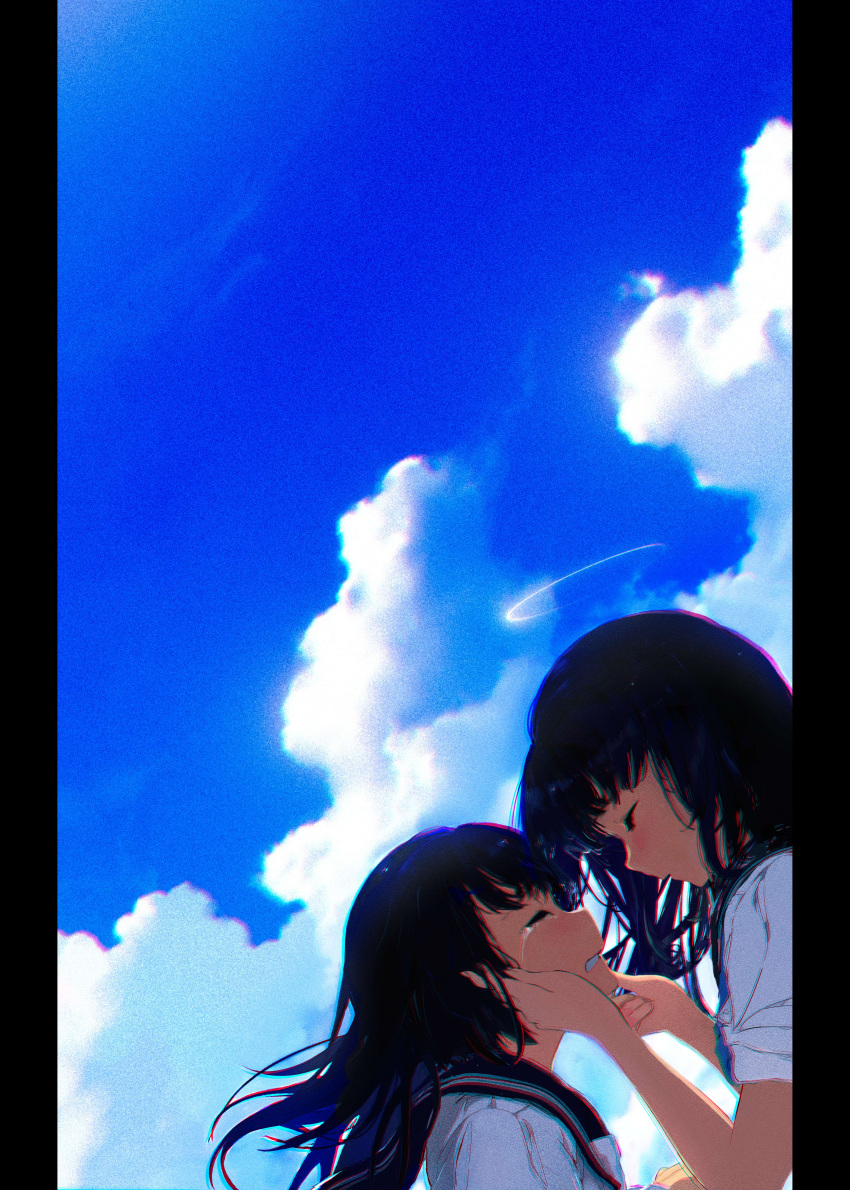 2girls absurdres bangs black_hair black_sailor_collar blue_sky chromatic_aberration closed_eyes cloud cloudy_sky comforting commentary crying english_commentary from_side gerar_dc halo hand_on_another's_cheek hand_on_another's_face highres long_hair multiple_girls original outdoors revision sailor_collar school_uniform serafuku sky summer tears teeth upper_body