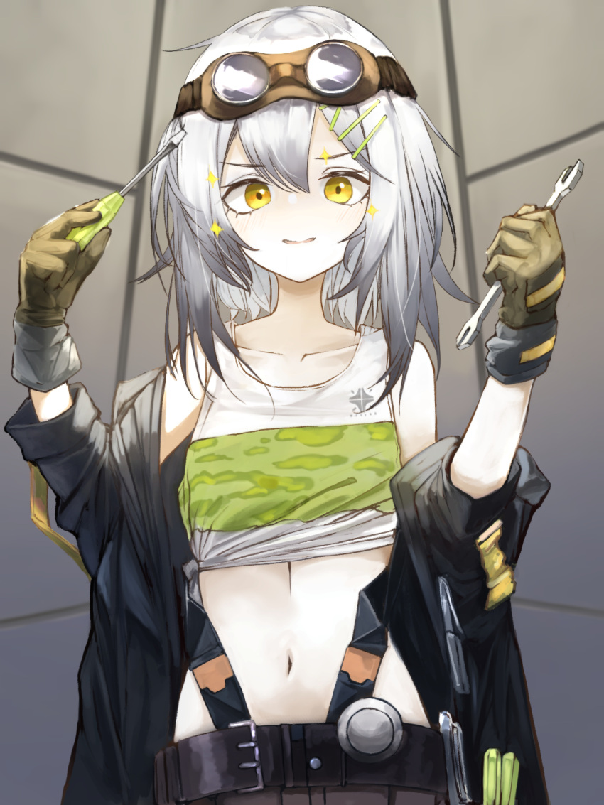1girl belt black_jacket collarbone commission croque_(girls'_frontline_nc) girls'_frontline girls'_frontline_neural_cloud gloves goggles goggles_on_head gradient_hair grey_hair hair_between_eyes hair_ornament hairclip highres holding holding_screwdriver holding_wrench jacket looking_at_viewer midriff miyopiwi multicolored_hair navel off_shoulder screwdriver skeb_commission smile solo sparkle tank_top upper_body wrench yellow_eyes
