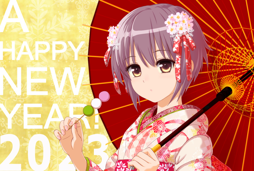 1girl 2023 akahige brown_eyes commentary_request dango english_text food happy_new_year highres japanese_clothes kimono nagato_yuki new_year oil-paper_umbrella purple_hair sanshoku_dango short_hair skewer solo suzumiya_haruhi_no_yuuutsu umbrella wagashi white_kimono