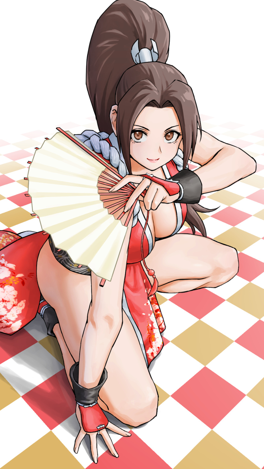 1girl arm_support bangs bare_legs bare_shoulders breasts brown_eyes brown_hair checkered_floor cleavage closed_mouth commentary_request fatal_fury floral_print full_body hair_ornament hand_fan high_ponytail highres holding japanese_clothes kneeling lips long_hair looking_at_viewer medium_breasts ninja one_knee parted_bangs pelvic_curtain ponytail rope shadow shiranui_mai simple_background sleeveless smile solo the_king_of_fighters thighs x_chitch