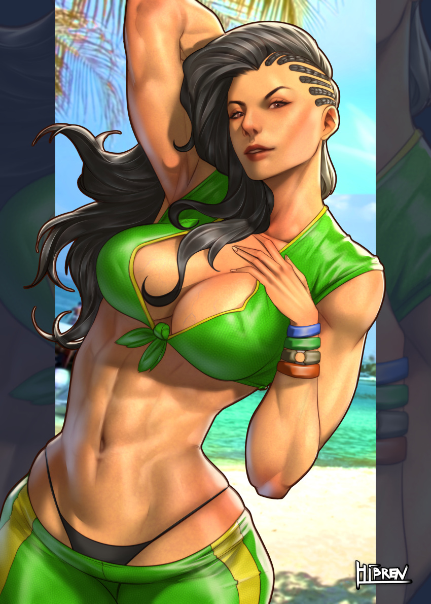 1girl abs absurdres arm_behind_head artist_name black_hair breasts dark_skin hibren highres large_breasts laura_matsuda long_hair looking_at_viewer muscular muscular_female navel open_mouth palm_tree realistic smile street_fighter tree veins veiny_breasts