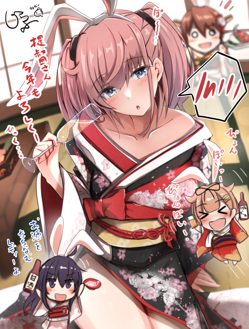 4girls akatsuki_(kancolle) alternate_costume animal_ears atlanta_(kancolle) black_hair black_kimono black_ribbon blonde_hair blue_eyes breasts brown_hair chinese_zodiac collarbone commentary_request cup drinking_glass fake_animal_ears floral_print furisode giraffe_(ilconte) hair_flaps hair_ornament hair_ribbon hairband hairclip headgear hiei_(kancolle) hiei_kai_ni_(kancolle) highres holding holding_cup japanese_clothes kantai_collection kimono large_breasts layered_clothes layered_kimono long_hair looking_at_viewer multiple_girls obi official_alternate_costume print_kimono rabbit_ears ribbon sash speech_bubble translation_request two_side_up white_hairband wide_sleeves year_of_the_rabbit yuudachi_(kancolle) yuudachi_kai_ni_(kancolle)