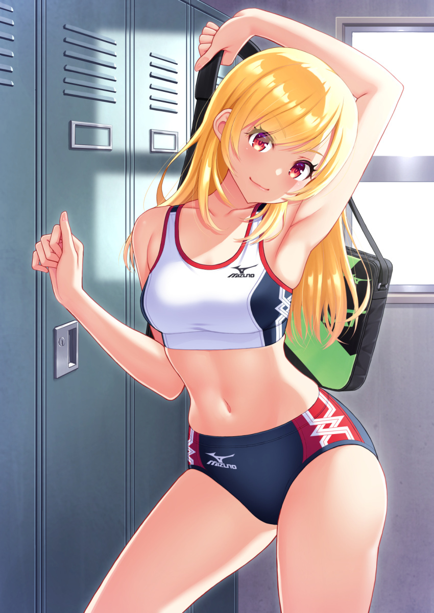 1girl arm_up armpits bag bangs bare_shoulders black_buruma blonde_hair breasts buruma closed_mouth collarbone commentary_request cowboy_shot highres holding holding_bag indoors kuri_(kurigohan) locker locker_room long_hair looking_at_viewer medium_breasts midriff mizuno_(brand) navel original red_eyes sidelocks skindentation smile solo sports_bikini sports_bra standing white_sports_bra window