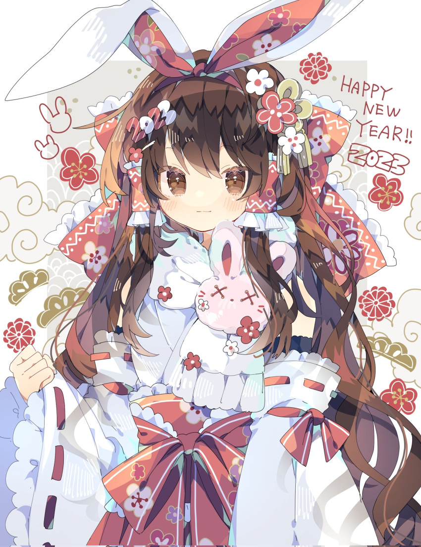1girl 2023 animal_ears bare_shoulders blush bow brown_eyes brown_hair closed_mouth detached_sleeves fake_animal_ears hair_bow hair_tubes hakama hakurei_reimu happy_new_year highres japanese_clothes long_hair miko nikorashi-ka rabbit_ears red_bow red_hakama ribbon-trimmed_sleeves ribbon_trim scarf sidelocks smile solo touhou upper_body white_scarf white_sleeves wide_sleeves