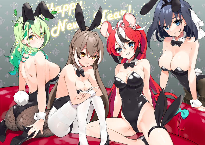 4girls alternate_costume animal_ears antlers ass blue_eyes blue_hair bow bowtie breasts brown_hair ceres_fauna chinese_zodiac cleavage commentary detached_collar dice dice_hair_ornament english_commentary fishnet_pantyhose fishnets flower green_hair grin groin_tendon hair_flower hair_ornament hakos_baelz happy_new_year high_heels highres holocouncil hololive hololive_english knees_up kutata large_breasts leaning_forward leotard long_hair looking_at_viewer medium_breasts medium_hair mouse_ears mouse_tail multicolored_hair multiple_girls nanashi_mumei ouro_kronii pantyhose playboy_bunny ponytail rabbit_ears rabbit_tail red_hair ribbon sideboob sitting smile streaked_hair tail tail_ornament tail_ribbon virtual_youtuber wariza wrist_cuffs year_of_the_rabbit yellow_eyes