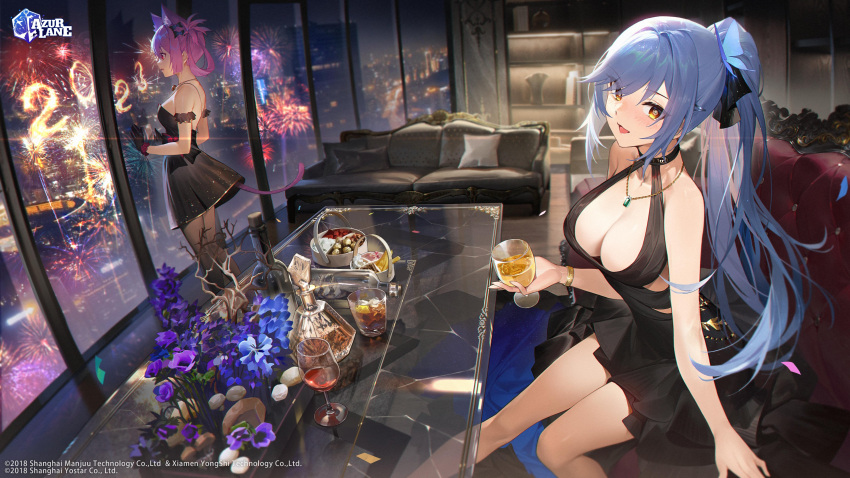 2girls absurdres alcohol animal_ears arm_support azur_lane bangs bare_arms bare_shoulders black_dress blue_hair blush bracelet breasts brown_eyes cat_ears cat_tail cleavage commentary copyright_name couch cup dress essex_(azur_lane) essex_(craft_fairytail)_(azur_lane) fireworks flower food gloves gold_trim halterneck happy_new_year hatsushimo_(azur_lane) hatsushimo_(perennial_joy)_(azur_lane) highres holding indoors jewelry kexue logo long_hair looking_at_viewer looking_away medium_breasts multiple_girls necklace night night_sky official_alternate_costume official_art open_mouth pantyhose pillow pink_hair ponytail red_eyes short_dress simple_background sky sleeveless sleeveless_dress smile strapless strapless_dress table tail window