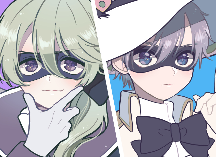 2boys black_bow black_bowtie black_jacket black_pepper_(precure) blue_background blue_eyes bow bowtie closed_mouth commentary delicious_party_precure domino_mask expressionless fang gloves grey_hair hair_between_eyes hair_over_shoulder hand_on_own_chin hat highres jacket light_green_hair long_hair looking_at_viewer low_ponytail male_focus mask multiple_boys narcistoru precure purple_background purple_eyes shirt short_hair simple_background smile split_screen symbol-only_commentary tokkyo_chuuyu upper_body white_gloves white_headwear white_jacket white_shirt