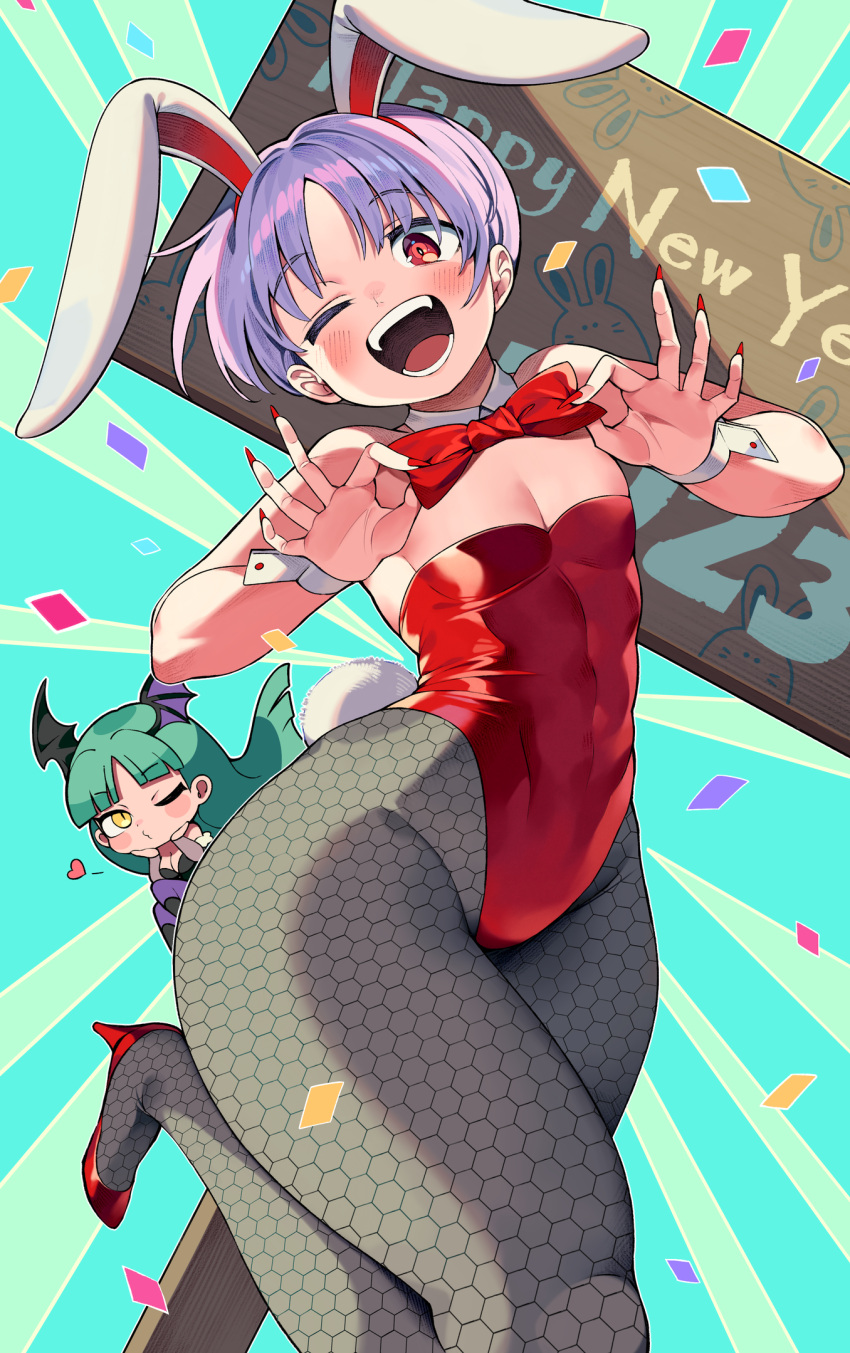 2girls adjusting_bow animal_ears bangs bare_shoulders bat_wings blush bow bowtie breasts chinese_zodiac cleavage confetti cowboy_shot demon_girl detached_collar english_text fake_animal_ears fingernails fishnet_pantyhose fishnets flat_chest green_background green_hair happy_new_year head_wings high_heels highleg highleg_leotard highres iroyopon knee_up leotard lilith_aensland long_fingernails long_hair looking_at_viewer morrigan_aensland multiple_girls official_alternate_costume one_eye_closed open_mouth pantyhose parted_bangs playboy_bunny purple_hair rabbit_ears rabbit_tail red_eyes red_footwear red_leotard red_nails short_hair signpost smile solo_focus strapless strapless_leotard tail thick_thighs thighs two-tone_background vampire_(game) wide_hips wings wrist_cuffs year_of_the_rabbit yellow_eyes