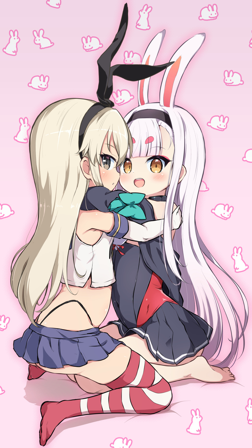 2girls absurdres animal_ears ass azur_lane barefoot black_dress black_jacket black_panties blue_skirt blush bow brown_eyes brown_hair crossover dress elbow_gloves face-to-face gloves grey_hair hair_bow hairband highleg highleg_panties highres hug jacket kantai_collection kneeling long_hair midriff miniskirt multiple_girls name_connection nekono_rin no_shoes open_mouth panties pink_background pleated_skirt rabbit_ears rabbit_girl ribbon school_uniform serafuku shimakaze_(azur_lane) shimakaze_(kancolle) shirt short_dress simple_background sitting skirt sleeveless sleeveless_shirt smile striped striped_thighhighs swimsuit_over_clothes thighhighs thighs underwear white_gloves