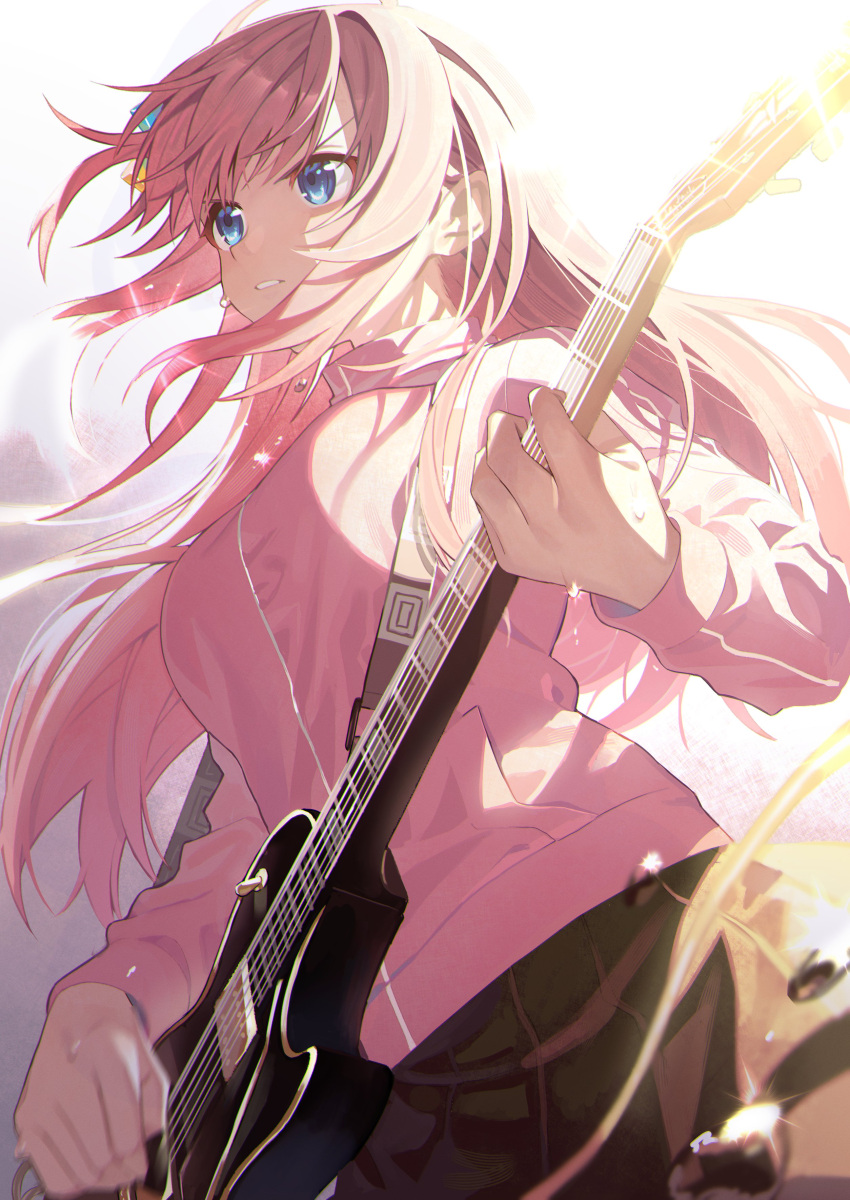 1girl absurdres bangs blue_eyes blurry bocchi_the_rock! breasts commentary_request electric_guitar gibson_les_paul gotou_hitori guitar highres holding holding_instrument instrument jacket long_hair long_sleeves michael_(8m71d) parted_lips pink_hair pink_jacket pleated_skirt skirt solo sparkle sweat turtleneck turtleneck_jacket water_drop