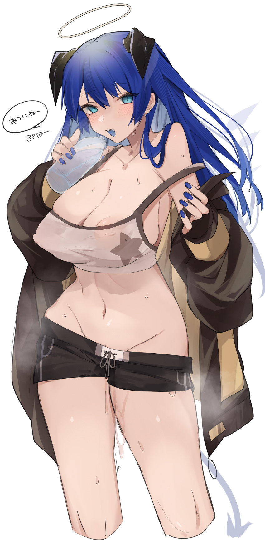 1girl absurdres areola_slip arknights black_jacket black_shorts blue_eyes blue_hair blue_nails blue_tongue blush bottle breasts chunta cleavage collarbone colored_tongue commentary contrapposto covered_nipples crop_top cropped_legs demon_horns demon_tail detached_wings fang feet_out_of_frame female_pubic_hair groin halo highres holding holding_bottle horns jacket large_breasts long_hair looking_at_viewer mostima_(arknights) nail_polish navel nipples no_panties off_shoulder open_clothes open_jacket open_mouth pubic_hair pubic_hair_peek pussy_juice pussy_juice_drip_through_clothes see-through short_shorts shorts simple_background smile solo speech_bubble standing star_(symbol) steaming_body stomach strap_slip sweat tail tank_top teeth thighs translated upper_teeth_only water_bottle white_background white_tank_top wings