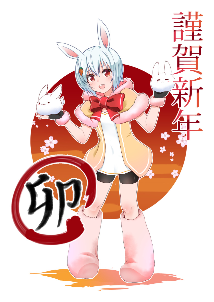 1girl :d animal_ears bangs bike_shorts black_gloves black_shorts blue_hair boots bow brown_capelet brown_jacket capelet carrot_hair_ornament chinese_zodiac commentary_request fingerless_gloves food-themed_hair_ornament full_body fur-trimmed_capelet fur-trimmed_gloves fur_trim gloves hair_between_eyes hair_ornament hands_up happy_new_year highres holding jacket knee_boots mint_(cerbi) original pink_footwear rabbit_ears red_bow red_eyes round_image shirt short_shorts shorts smile solo standing white_shirt year_of_the_rabbit