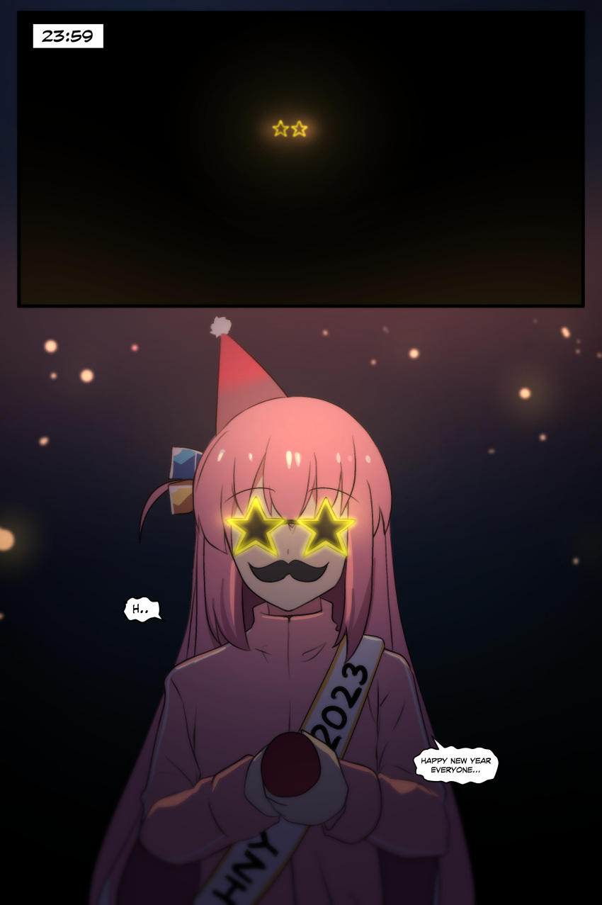 1girl 2023 absurdres bocchi_the_rock! cube_hair_ornament english_text facing_viewer fake_facial_hair fake_mustache fireworks glasses gotou_hitori hair_ornament happy_new_year hat highres hinghoi holding holding_fireworks long_hair pink_hair solo speech_bubble star-shaped_eyewear upper_body