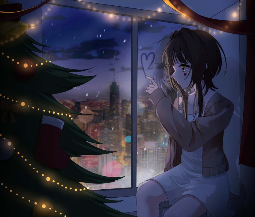 1girl absurdres bangs black_hair blue_sky cardigan christmas christmas_lights christmas_stocking christmas_tree city city_lights cityscape cloud collarbone decorations drawing dress evening facial_mark fingernails from_side glass_writing grey_cardigan hair_over_shoulder heart heart_facial_mark highres index_finger_raised indoors lonely long_sleeves looking_afar looking_outside medium_hair night original red_socks sidelocks sitting sky socks solo spaghetti_strap toto05_08 white_dress window yellow_eyes