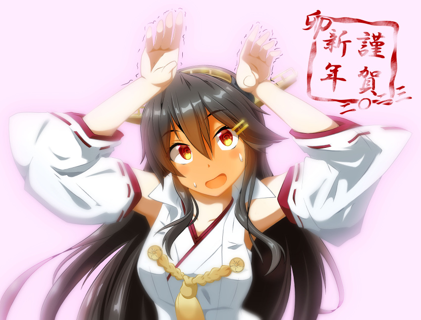 1girl absurdres arms_up black_hair blush breasts brown_eyes bunny_pose detached_sleeves hair_between_eyes hair_ornament hairband hairclip haruna_(kancolle) haruna_kai_ni_(kancolle) headgear highres japanese_clothes kantai_collection medium_breasts mei_(heavensstyle) nontraditional_miko ribbon-trimmed_sleeves ribbon_trim solo sweatdrop trembling upper_body