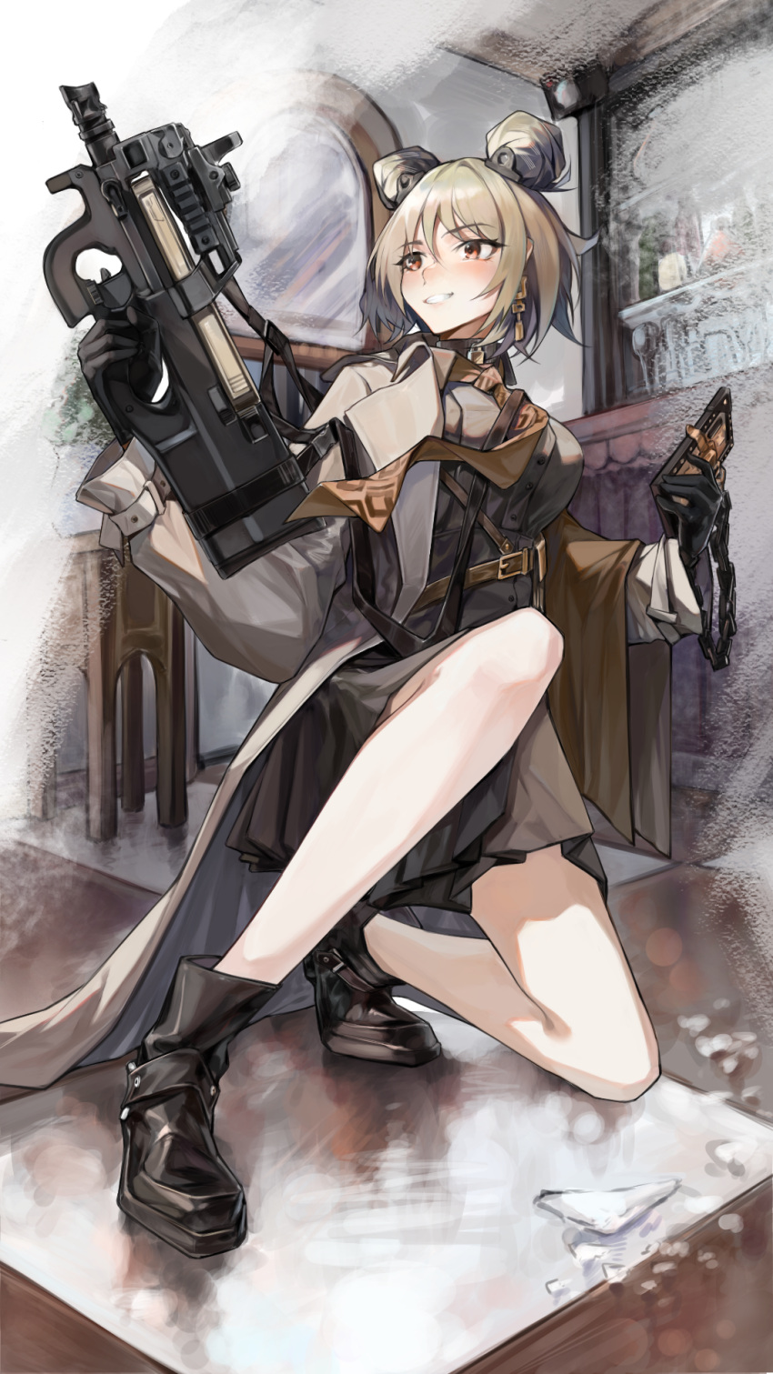 1girl bar_(place) black_gloves blush breasts broken_glass bullpup chadlink choker commentary_request commission double_bun earrings full_body girls'_frontline glass gloves grin gun hair_between_eyes hair_bun highres holding holding_gun holding_phone holding_weapon indoors jewelry legs light_brown_hair medium_breasts necktie official_alternate_costume one_knee p90 p90_(girls'_frontline) p90_(the_girl_from_b.e.l)_(girls'_frontline) phone pixiv_commission red_eyes short_hair skirt smile solo submachine_gun trench_coat weapon