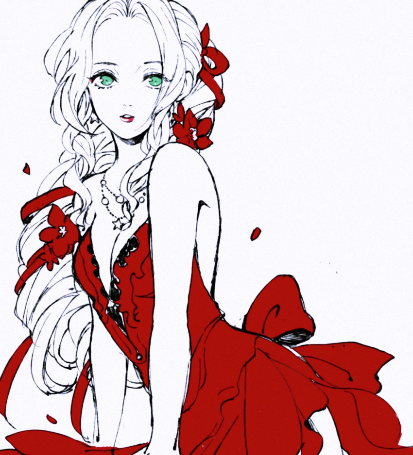 1girl aerith_gainsborough ashinamaturi back_bow bangs bare_arms bare_shoulders bow breasts cleavage cowboy_shot dress falling_petals final_fantasy final_fantasy_vii final_fantasy_vii_remake flamenco_dress flower green_eyes hair_flower hair_ornament hair_ribbon highres jewelry leaning_forward limited_palette long_hair looking_at_viewer medium_breasts necklace official_alternate_costume parted_bangs parted_lips petals ponytail red_dress red_flower red_lips red_ribbon ribbon side_slit sidelocks solo spot_color star_(symbol) star_necklace strapless strapless_dress wavy_hair white_background white_hair
