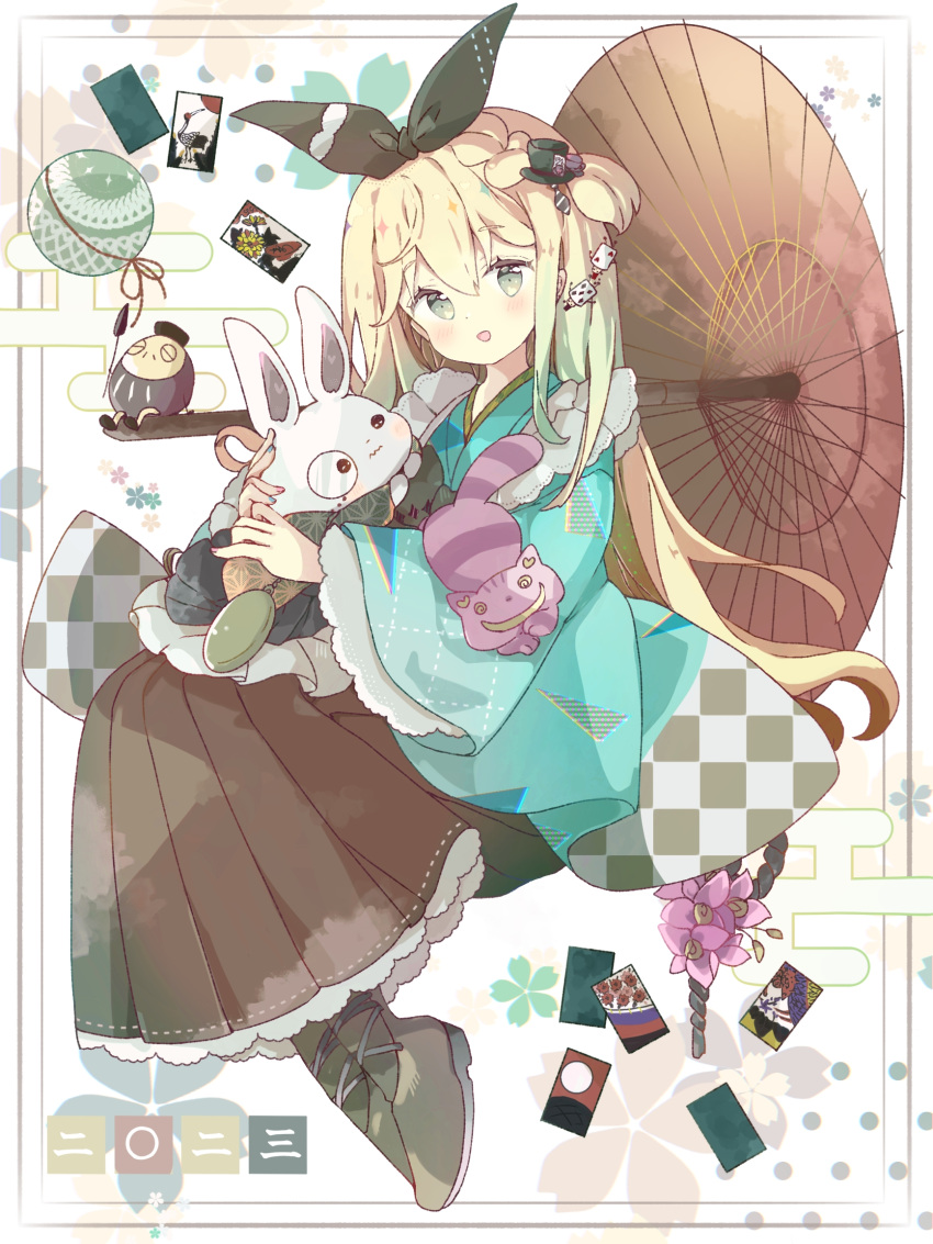 1girl :d alice_in_wonderland ball black_footwear black_ribbon blonde_hair blue_kimono boots braid brown_hakama brown_umbrella card cheshire_cat_(alice_in_wonderland) commentary cross-laced_footwear full_body green_eyes hair_ribbon hakama hakama_skirt highres japanese_clothes kimono lace-up_boots long_sleeves looking_at_viewer oil-paper_umbrella original ribbon skirt smile solo symbol-only_commentary tsukiyo_(skymint) two_side_up umbrella unmoving_pattern white_rabbit_(alice_in_wonderland) wide_sleeves