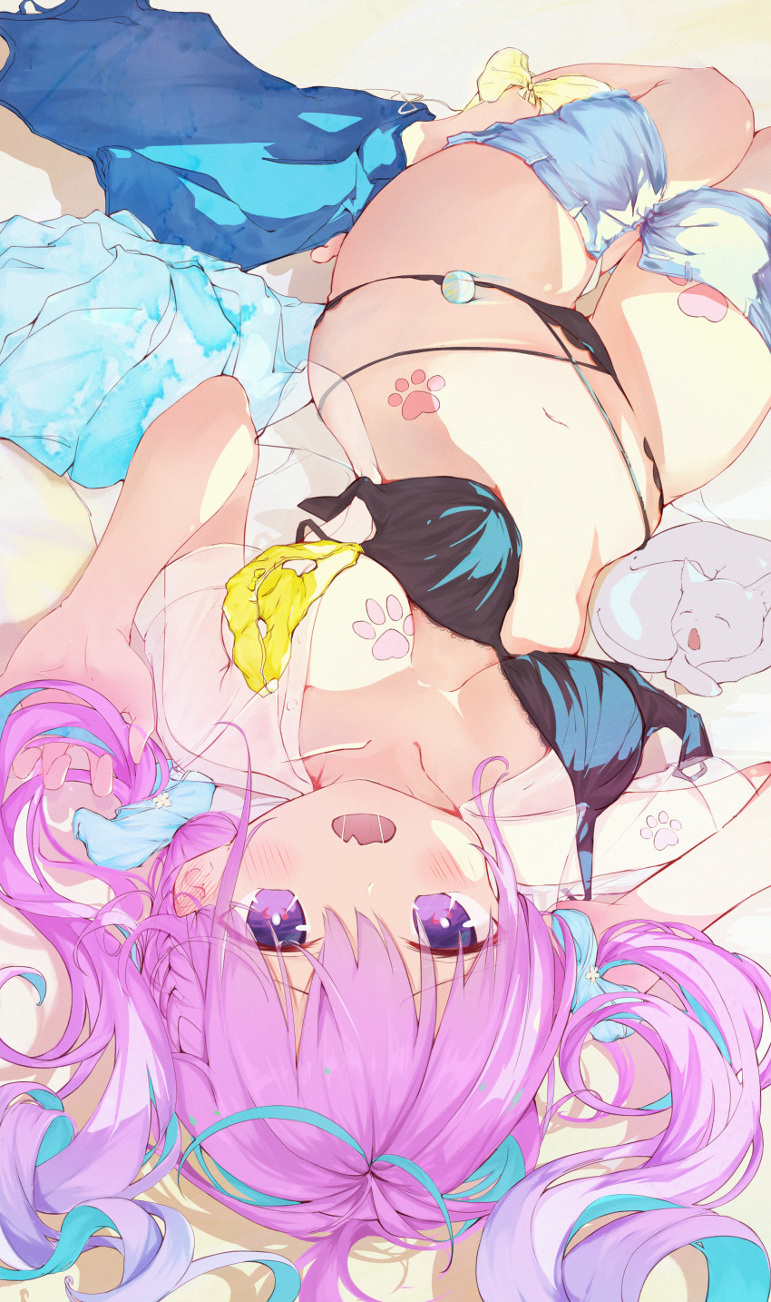 1girl 999kun absurdres ahoge bangs bare_arms black_bra black_panties blue_hair blush bra braid breasts cat claw_pose clothes_pull clothes_removed collarbone colored_inner_hair ear_blush fang highres hololive long_hair looking_at_viewer lying minato_aqua multicolored_hair navel on_back open_mouth panties pink_hair purple_eyes see-through shorts shorts_pull skin_fang solo stomach streaked_hair thigh_gap thighs two-tone_hair underwear upside-down virtual_youtuber