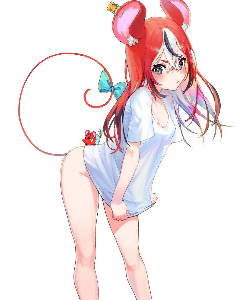 1girl absurdres animal_ears bare_legs black_hair blush bottomless bow breasts cleavage hair_ornament hakos_baelz highres hololive hololive_english medium_breasts mouse_ears mouse_tail multicolored_hair no_panties no_pants red_hair shirt shirt_tug solo streaked_hair tail tenchi_mayo virtual_youtuber white_hair white_shirt
