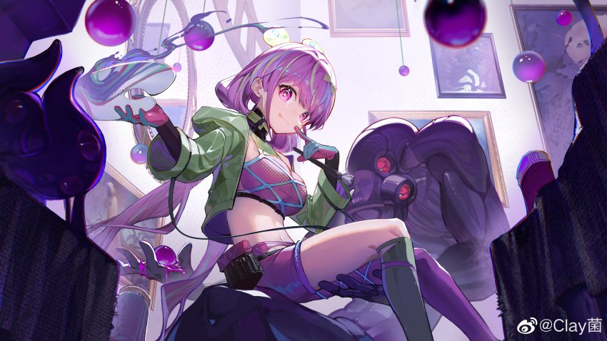 1girl :p absurdres breasts chinese_commentary clay_(clayjun) commentary_request feet_out_of_frame finger_to_mouth girls'_frontline girls'_frontline_neural_cloud green_jacket highres hood hood_down hooded_jacket jacket kneehighs large_breasts long_hair looking_at_viewer midriff monster multicolored_hair navel painting_(object) palette_(object) pink_eyes pink_hair pink_shorts pink_tank_top puzzle_(girls'_frontline_nc) shorts sitting slime_(substance) smile socks streaked_hair symbol-shaped_pupils tank_top tongue tongue_out weibo_username
