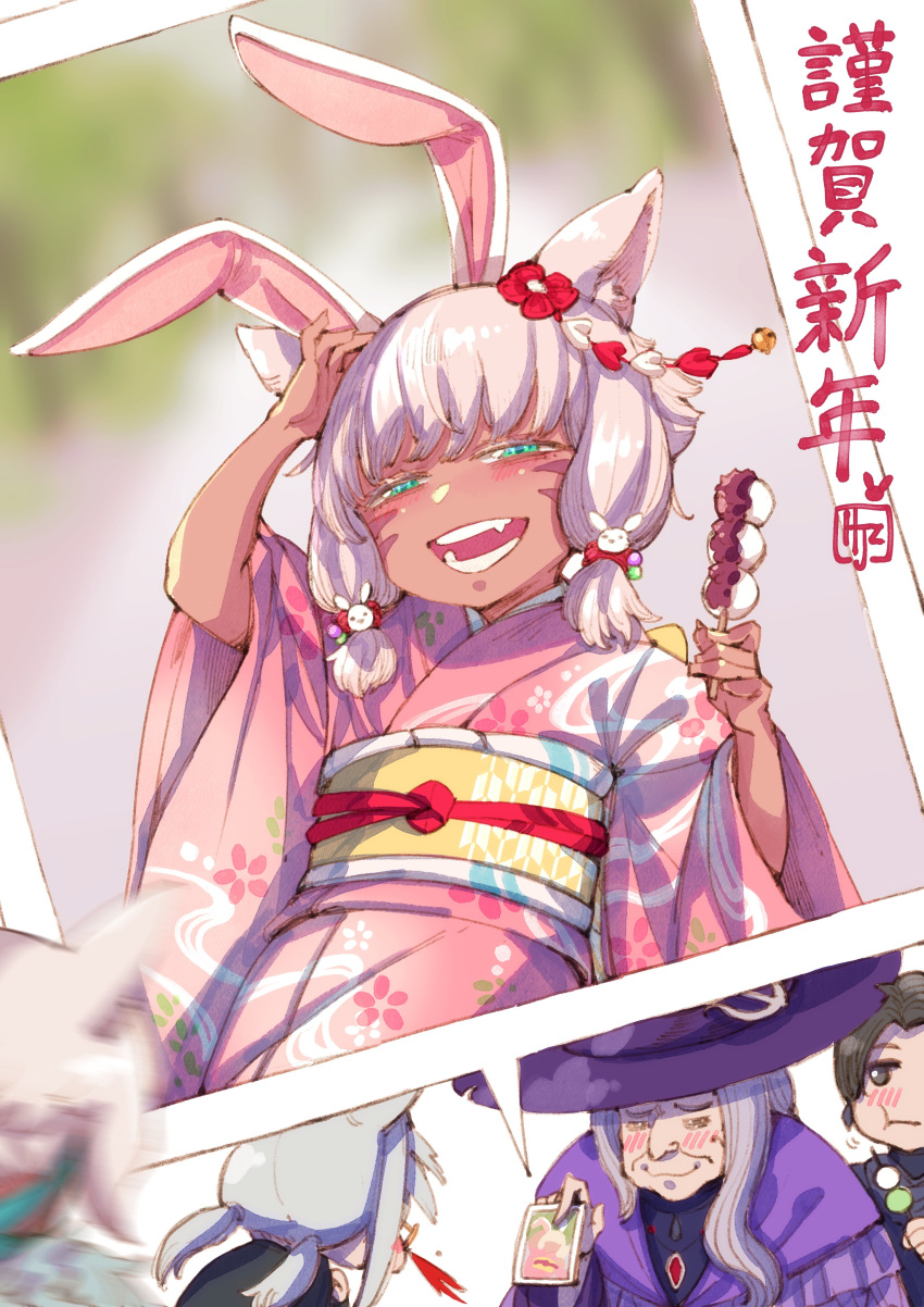 1boy 3girls absurdres aged_down animal_ears avatar_(ff14) bangs blood blush cat_ears chinese_zodiac dango dark-skinned_female dark_skin facial_mark fake_animal_ears final_fantasy final_fantasy_xiv food green_eyes grey_hair hat highres hjz_(artemi) holding holding_photo japanese_clothes kimono matoya_(ff14) miqo'te motion_blur multiple_girls new_year nosebleed obi open_mouth photo_(object) rabbit_ears sash short_hair wagashi whisker_markings y'shtola_rhul year_of_the_rabbit