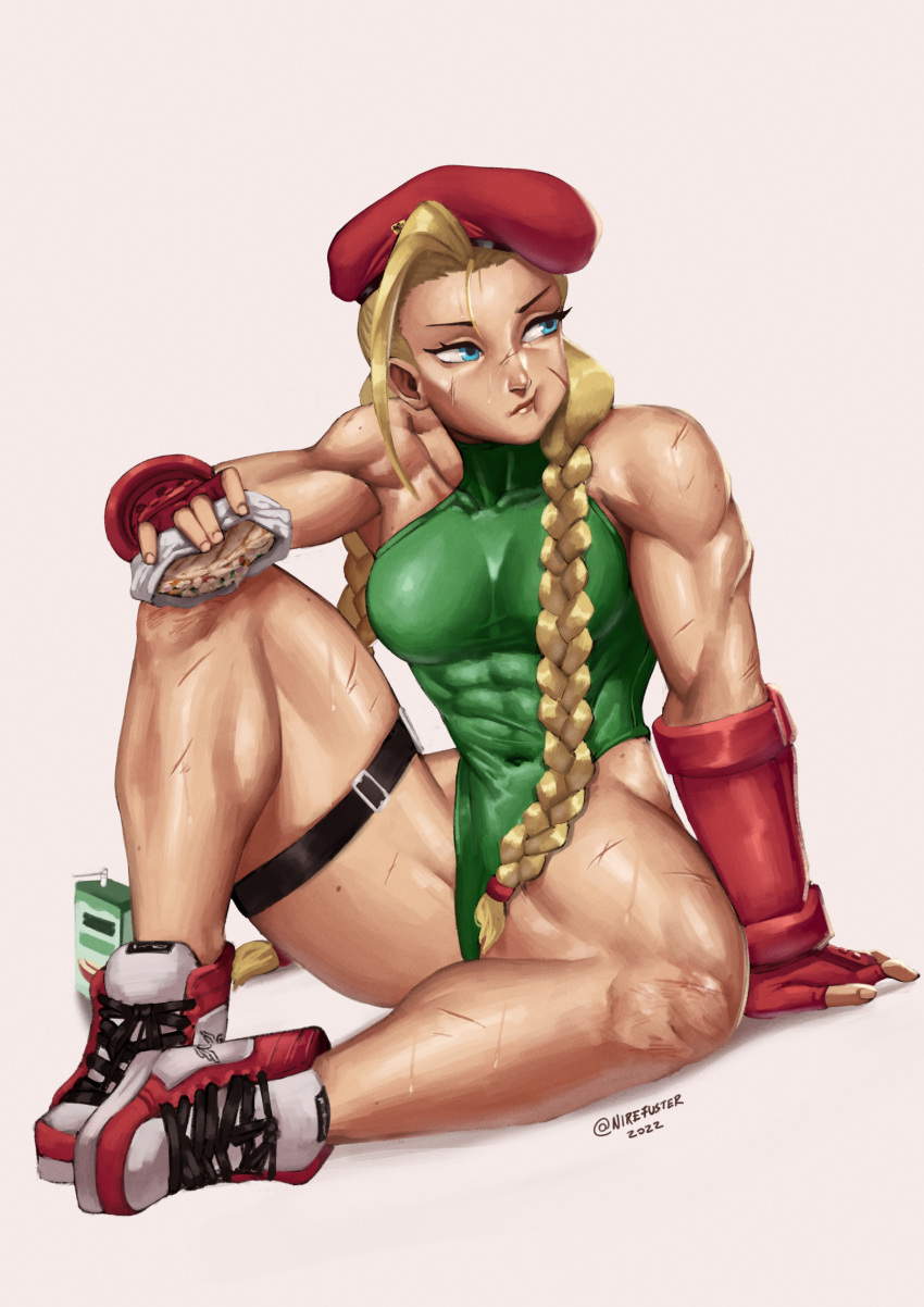 1girl abs absurdres beret blonde_hair blue_eyes breasts cammy_white eating food full_body gloves hat highres large_breasts leotard long_braid long_hair looking_to_the_side muscular muscular_female nire_(nirefuster) sandwich scar shoes sitting sneakers street_fighter toned white_background