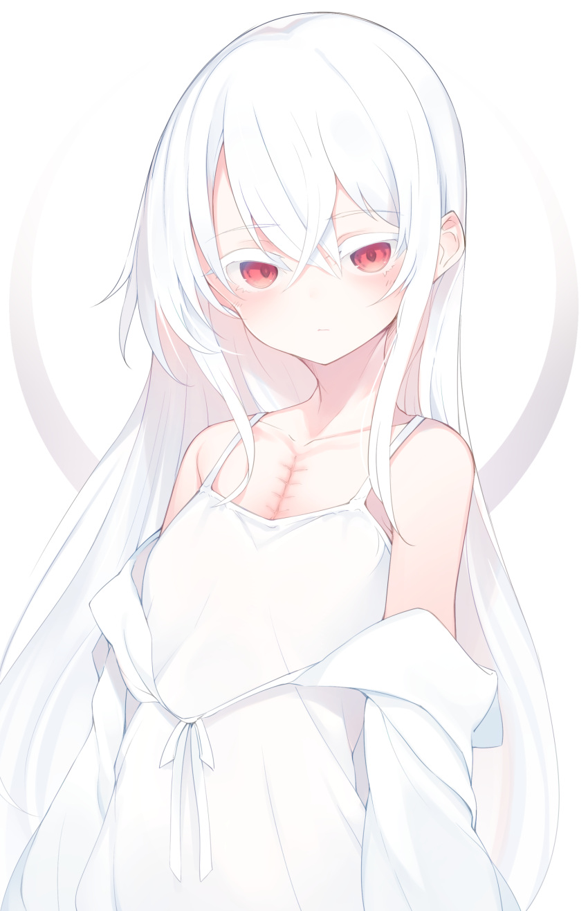 1girl absurdres albino bangs bare_shoulders camisole closed_mouth collarbone crossed_bangs hair_between_eyes highres long_hair looking_at_viewer off_shoulder original otokuyou red_eyes scar scar_on_chest shiroi_ko_(otokuyou) sidelocks solo upper_body white_background white_camisole white_hair white_theme