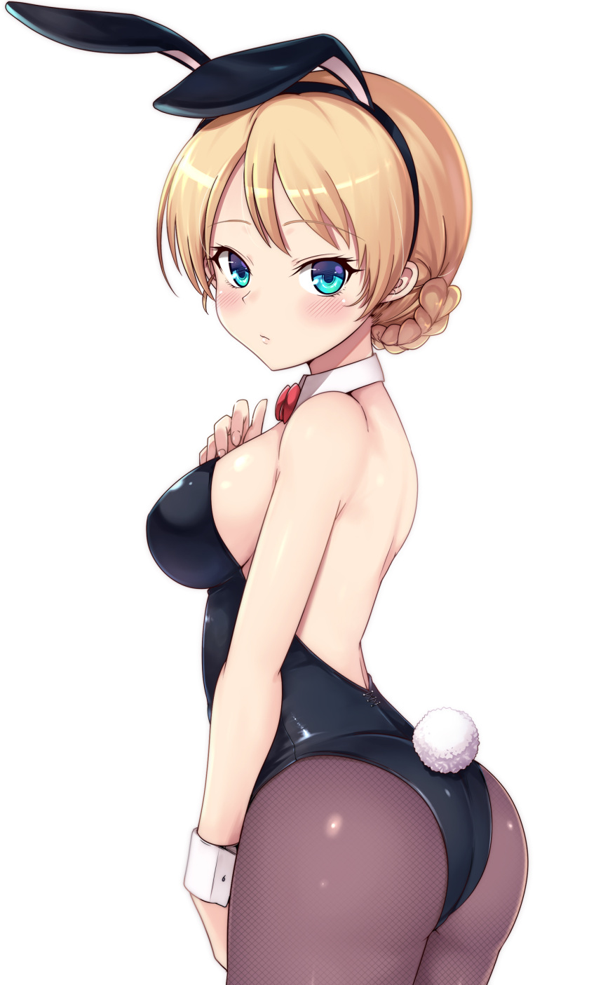 1girl absurdres animal_ears aqua_eyes ass back bare_shoulders black_leotard blonde_hair blush bow bowtie braid braided_bun breasts chinese_zodiac closed_mouth darjeeling_(girls_und_panzer) detached_collar detached_sleeves fake_animal_ears girls_und_panzer hair_bun highres kasai_shin large_breasts leotard looking_at_viewer pantyhose playboy_bunny rabbit_ears rabbit_tail red_bow red_bowtie sideboob simple_background solo tail white_background wrist_cuffs year_of_the_rabbit