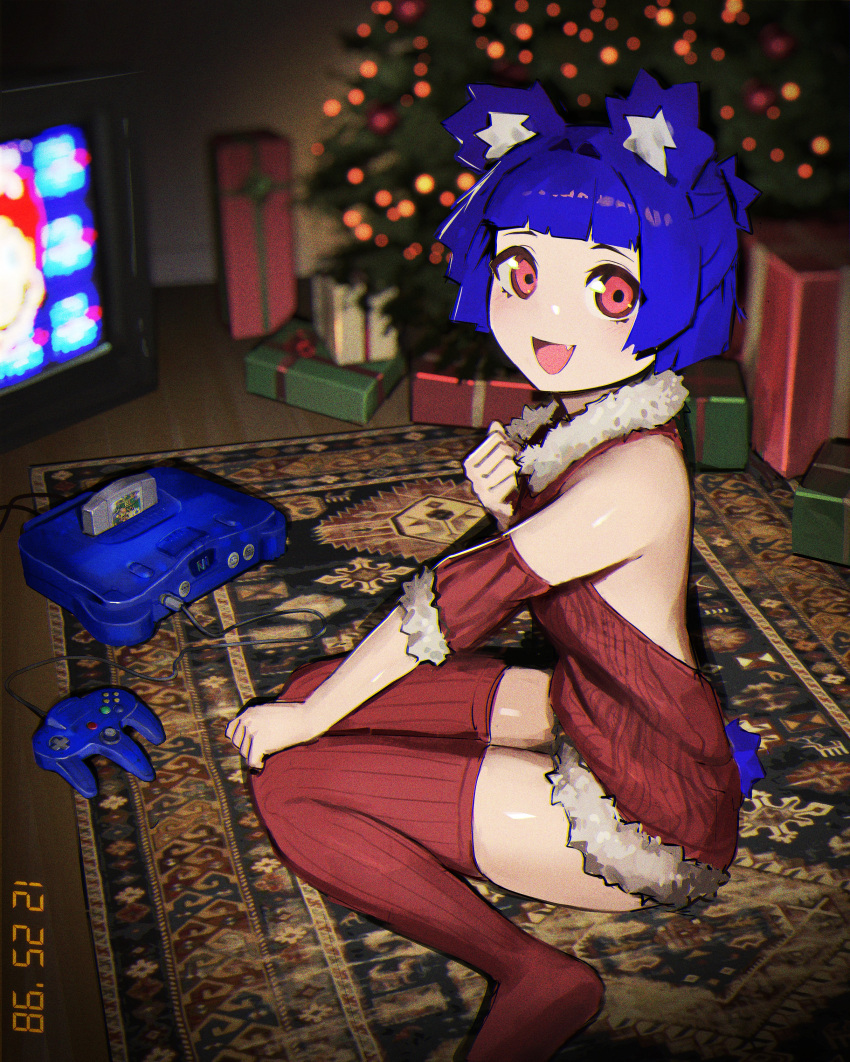 :d absurdres animal_ears backless_outfit bangs bare_shoulders bear_ears bear_girl bear_tail blue_hair blue_tail blunt_bangs blunt_ends blurry blurry_background carpet christmas christmas_ornaments christmas_tree commentary crt curled_fingers detached_sleeves english_commentary fang film_grain floor from_side full_body fur-trimmed_sleeves fur-trimmed_sweater fur_trim game_console gift gris_(vertigris) half_updo hand_on_own_chest hand_on_own_knee hand_up highres indoors looking_at_viewer looking_to_the_side making-of_available meme_attire multicolored_background nintendo_64 nintendo_64_controller open_mouth original photo_date_watermark red_eyes red_sleeves red_sweater red_thighhighs ribbed_legwear shiny shiny_skin short_hair short_sleeves sitting smile sweater tail tareme thighhighs timestamp tongue vertigris virgin_killer_sweater wall wooden_floor zettai_ryouiki