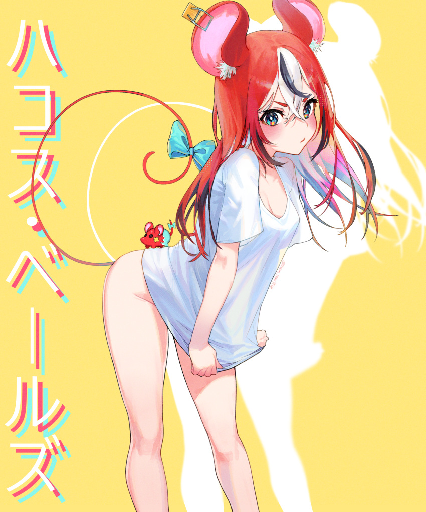 1girl absurdres animal_ears bare_legs black_hair blush bottomless bow breasts cleavage hair_ornament hakos_baelz highres hololive hololive_english medium_breasts mouse_ears mouse_tail multicolored_hair no_panties no_pants red_hair shirt shirt_tug solo streaked_hair tail tenchi_mayo virtual_youtuber white_hair white_shirt