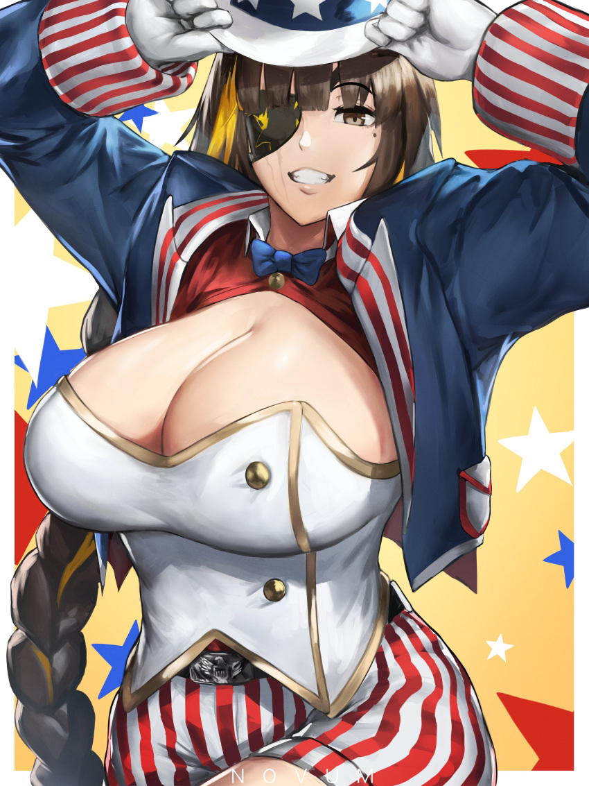 1girl absurdres american_flag american_flag_print arms_up bangs blue_bow blue_bowtie blue_jacket bow bowtie braid breasts brown_eyes brown_hair cleavage cowboy_shot english_commentary eyepatch flag_print fourth_of_july girls'_frontline gloves grin hat highres huge_breasts jacket long_hair long_sleeves looking_at_viewer m16a1_(girls'_frontline) mole mole_under_eye multicolored_hair novum open_clothes open_jacket scar scar_on_face shorts smile solo star_(symbol) streaked_hair striped united_states