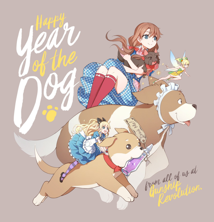 3girls alice_(alice_in_wonderland) alice_in_wonderland black_footwear blonde_hair blue_dress blue_eyes bow brown_background brown_hair chinese_zodiac commentary cursive dog dorothy_gale dress english_commentary english_text fairy fairy_wings flying hair_bow happy_new_year highres kriss_sison long_hair minigirl multiple_girls nana_(peter_pan) new_year pantyhose paw_print peter_pan potion purple_pantyhose red_socks riding simple_background socks the_wizard_of_oz tinker_bell_(character) toto_(twooz) twintails wide_shot wings year_of_the_dog