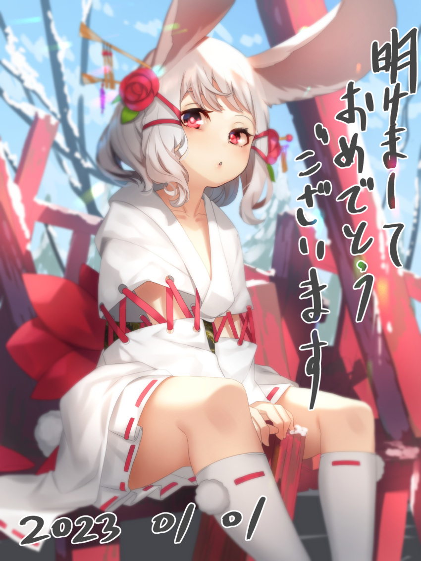 1girl animal_ears bangs bare_tree blurry blurry_background chinese_zodiac collarbone commentary_request dated day depth_of_field flower grey_hair hair_flower hair_ornament highres japanese_clothes kimono long_sleeves original outdoors parted_lips pine_tree pleated_skirt rabbit_ears red_eyes red_flower red_rose ribbon-trimmed_legwear ribbon-trimmed_skirt ribbon_trim rose sitting skirt sleeves_past_wrists snow socks solo translation_request tree white_kimono white_skirt white_socks year_of_the_rabbit yuuji_(yukimimi)