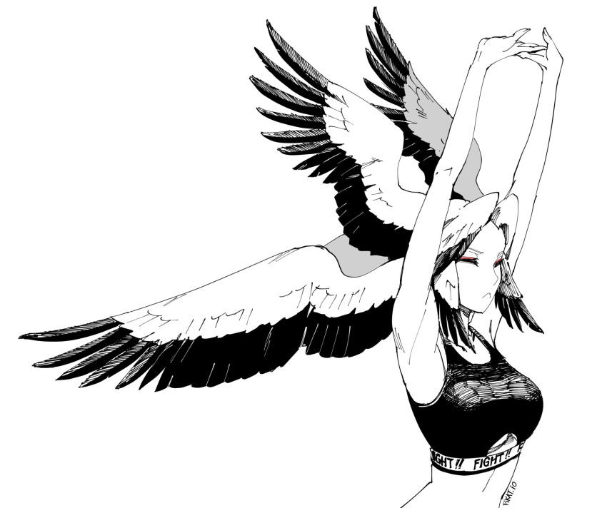 1girl armpits arms_up breasts closed_eyes frown greyscale head_wings heather_(pikat) highres large_breasts large_head_wings monochrome multicolored_hair original pikat solo sports_bra spot_color stretching two-tone_hair upper_body web_address